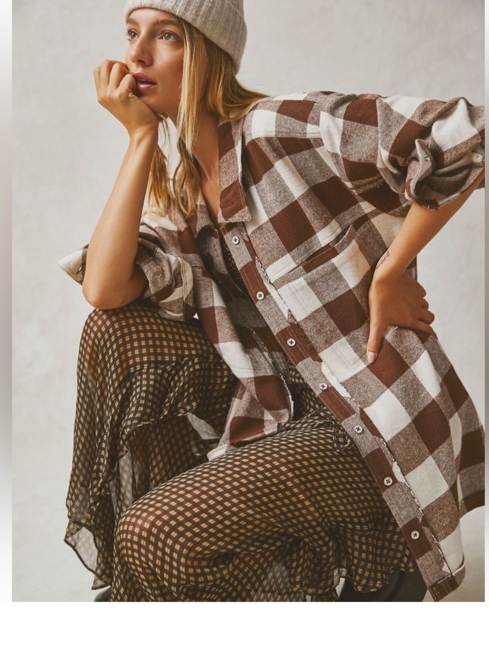 Free People Brown and White Buffalo Plaid Button-Up Shirt